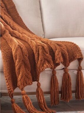 Patricia Nash Cozy Cable Knit Tassel Throw Blanket - Rust